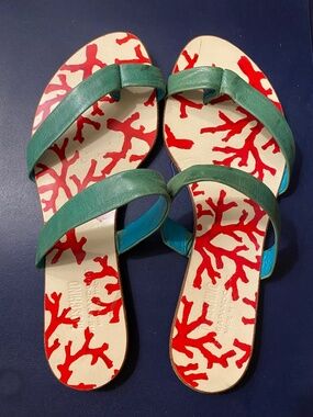 Moschino Turquoise/Green Leather Sea Coral Print Slide Sandals 37 IT /US 6.5 - 7